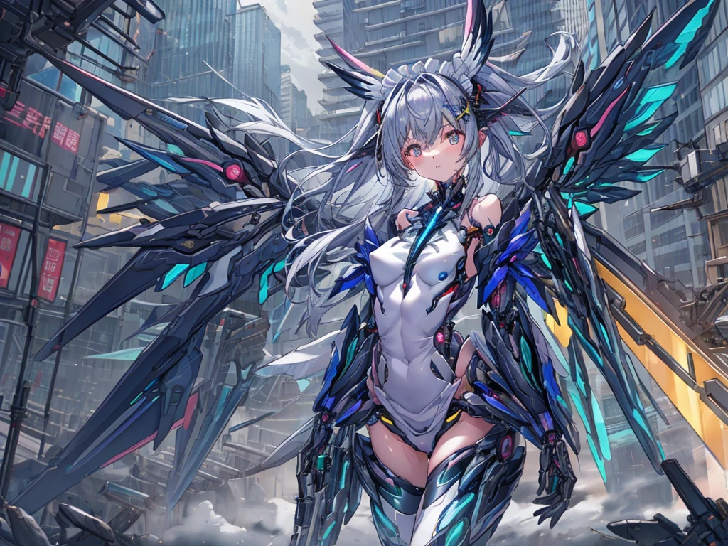 top-quality、ighly detailed、​masterpiece、((1girl in))、silber hair、length hair、Floating hair、、Cyber City、Neon building、(The upper part of the body:1.05)、extremely_Detailed_Eyes_And_Face,cybernetic wings mechanical wings、Random posture、Skyscraper、、Mechumusume、shrine maiden clothe,maid clothes、Random angles、anime styled,cowboy  shot