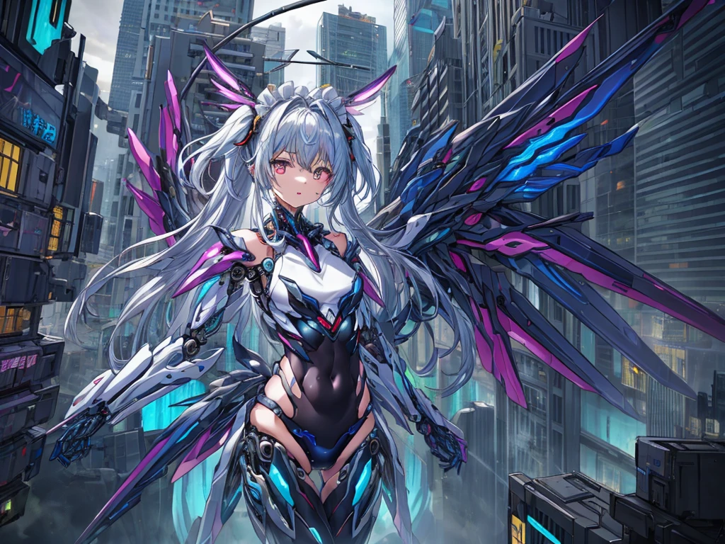 top-quality、ighly detailed、​masterpiece、((1girl in))、silber hair、length hair、Floating hair、、Cyber City、Neon building、(The upper part of the body:1.05)、extremely_Detailed_Eyes_And_Face,cybernetic wings mechanical wings、Random posture、Skyscraper、、Mechumusume、shrine maiden clothe,maid clothes、Random angles、anime styled,cowboy  shot