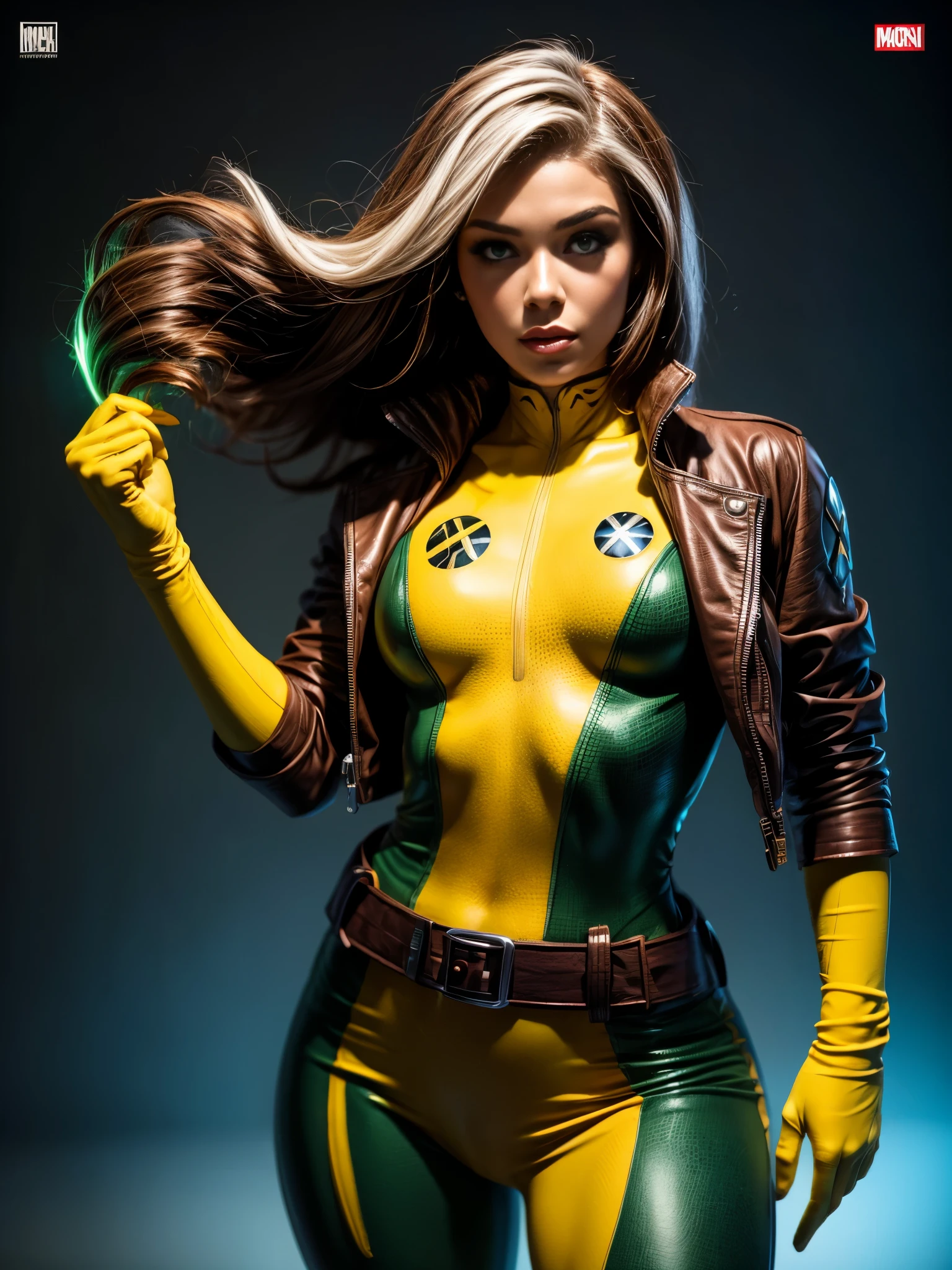 Madison Beer as Rogue (X-Men), Gothic Girl, Sculptural Body Gothic Makeup, brown jacket, yellow and green bodysuit, Masterpiece, Best Quality, Cowboy Shot, 1girl, Solo, Tenological Military Bodysuit, Fringe.