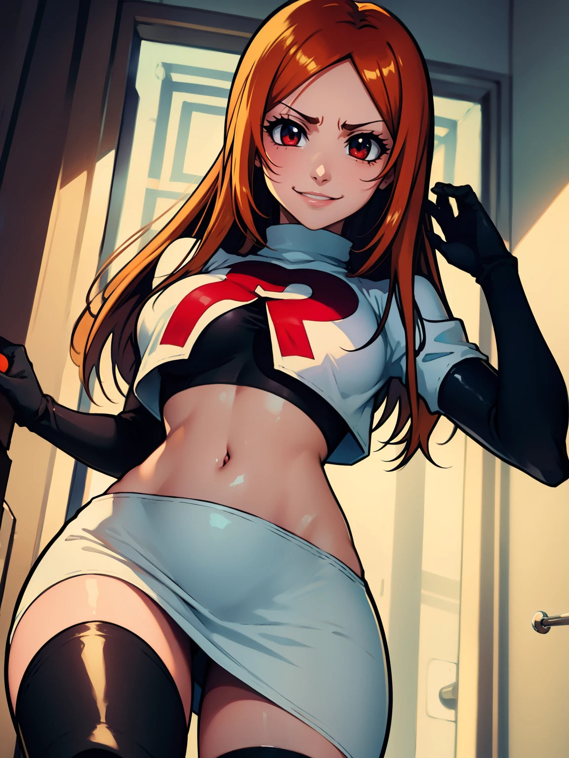 orihime, glossy lips ,team rocket uniform, red letter R, white skirt,white crop top,black thigh-high boots, black elbow gloves, evil sinister smile, evil face ,looking down at viewer, cowboy shot