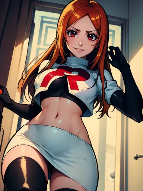 orihime, glossy lips ,team rocket uniform, red letter R, white skirt,white crop top,black thigh-high boots, black elbow gloves, ...