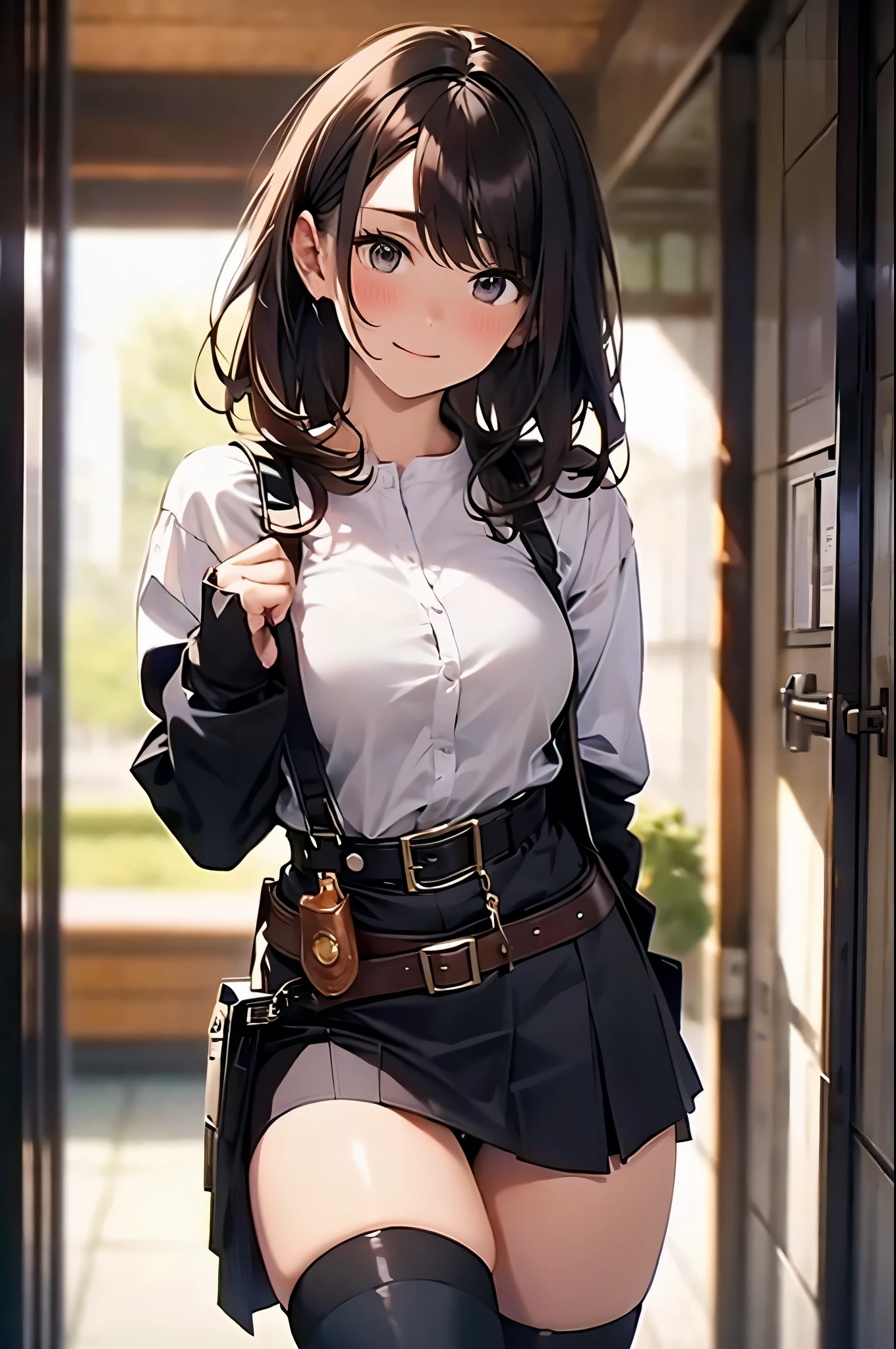 Brown hair、watching at viewers　　　black suspenders　　　Bulging big breasts　　 　 　　　walls: 　Black miniskirt　garters　　　　　　Gaze　　　Small face　bangss 　　　holster　　　Beautuful Women　　hands up　　レッグholster ベッドに横たわる　　Gaze 　black boots panty shot　provocation　flank　flank汗　soio 　arm　inside of a car　Fold your hands behind your back　a belt