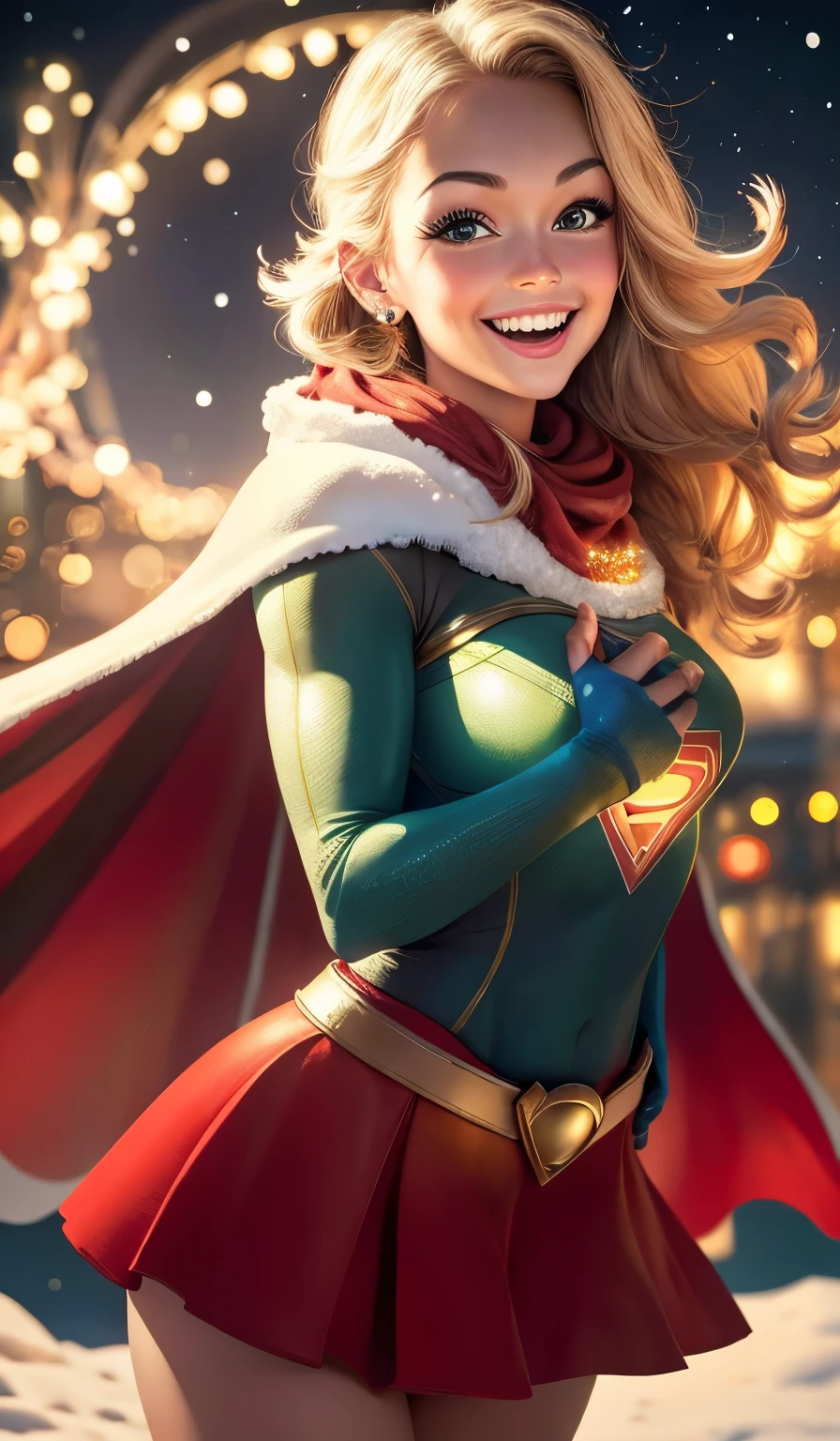 (best quality,4k,8k,highres,masterpiece:1.2),ultra-detailed,(realistic,photorealistic,photo-realistic:1.37),Supergirl wearing a Santa suit,beautiful detailed eyes,beautiful detailed lips,extremely detailed eyes and face,longeyelashes,red cape flowing in the wind,shiny golden tiara,costume with vibrant red and white colors,golden belt with a large "S" symbol,gloves with white trim and the "S" symbol on the back,flying in the sky with skyscrapers and snow-covered rooftops below,fairy lights twinkling in the background,graceful and confident pose,smiling with joy,sparkling snowflakes falling around her,city covered in a blanket of snow,glowing moon shining brightly,celebratory atmosphere,urban landscape decorated with Christmas lights and ornaments,children below looking up in awe,warm and inviting ambiance,cheerful and festive mood,colorful presents scattered on the ground in front of her,powerful and awe-inspiring presence,bokeh lights adding a magical touch,holiday spirit in the air,excitement and anticipation for Christmas,world filled with hope and happiness.
lamplight： 
The scene is softly lit with warm yellow light, casting a gentle glow on Supergirl's face and illuminating the surrounding area. The moonlight bathes the landscape in a soft, silvery light, creating a dreamy and enchanting atmosphere. The city below is adorned with colorful Christmas lights, adding a festive and joyful ambiance to the scene. The fairy lights in the background twinkle and create a magical aura, enhancing the overall charm of the artwork.