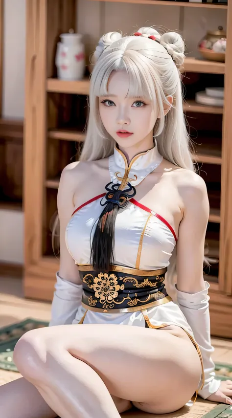 upscales，tmasterpiece，超高分辨率，（realistically：1.4），There was a girl sitting，wearing a hanfu，pretty legig white hair，through bangs，hair-bun，Detailed faces，Asian people，exposed bare shoulders