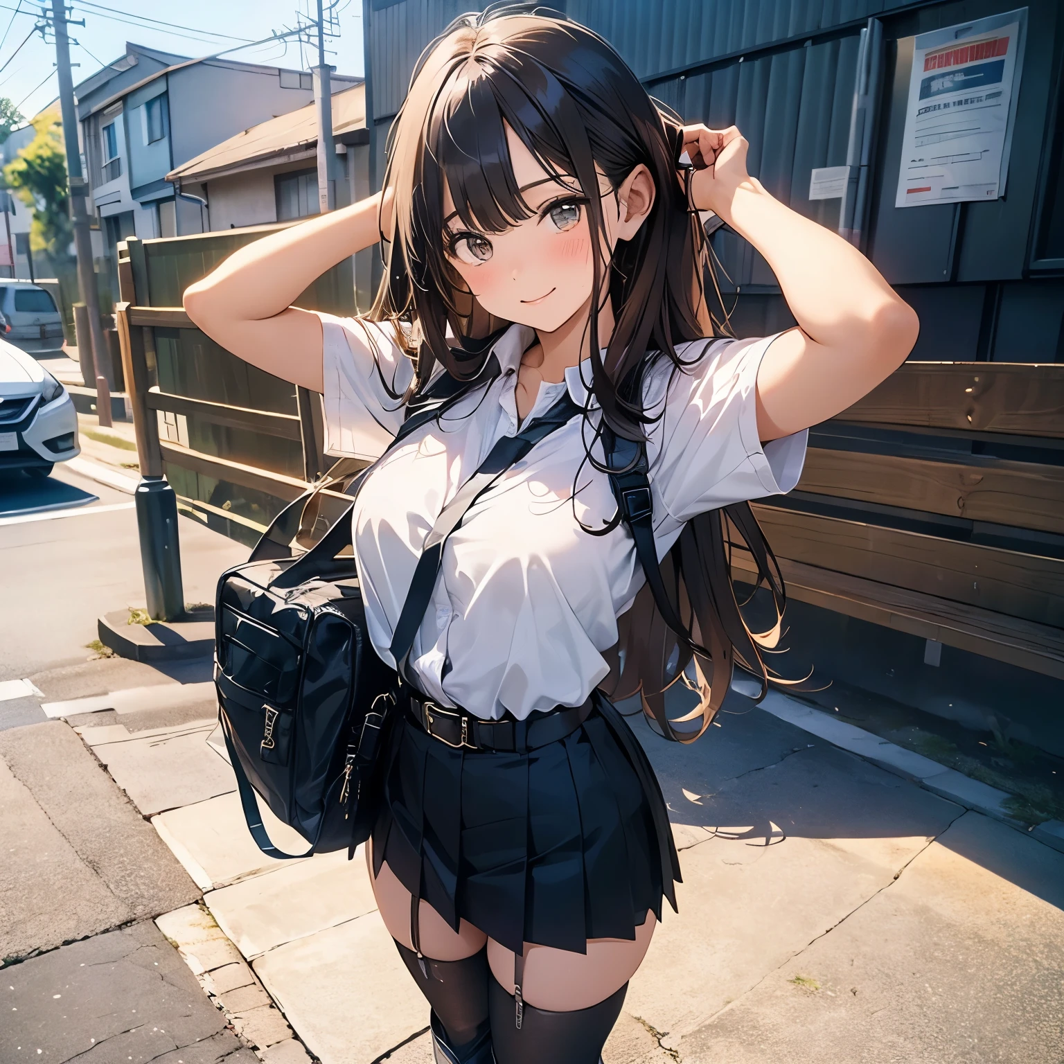 Brown hair、watching at viewers　　　black suspenders　　　Bulging big breasts　　 　 　　　walls: 　Black miniskirt　garters　　　　　　Gaze　　　Small face　bangss 　　　holster　　　Beautuful Women　　hands up　　レッグholster ベッドに横たわる　　Gaze 　black boots panty shot　provocation　flank　flank汗　soio 　arm　inside of a car　Fold your hands behind your back　a belt