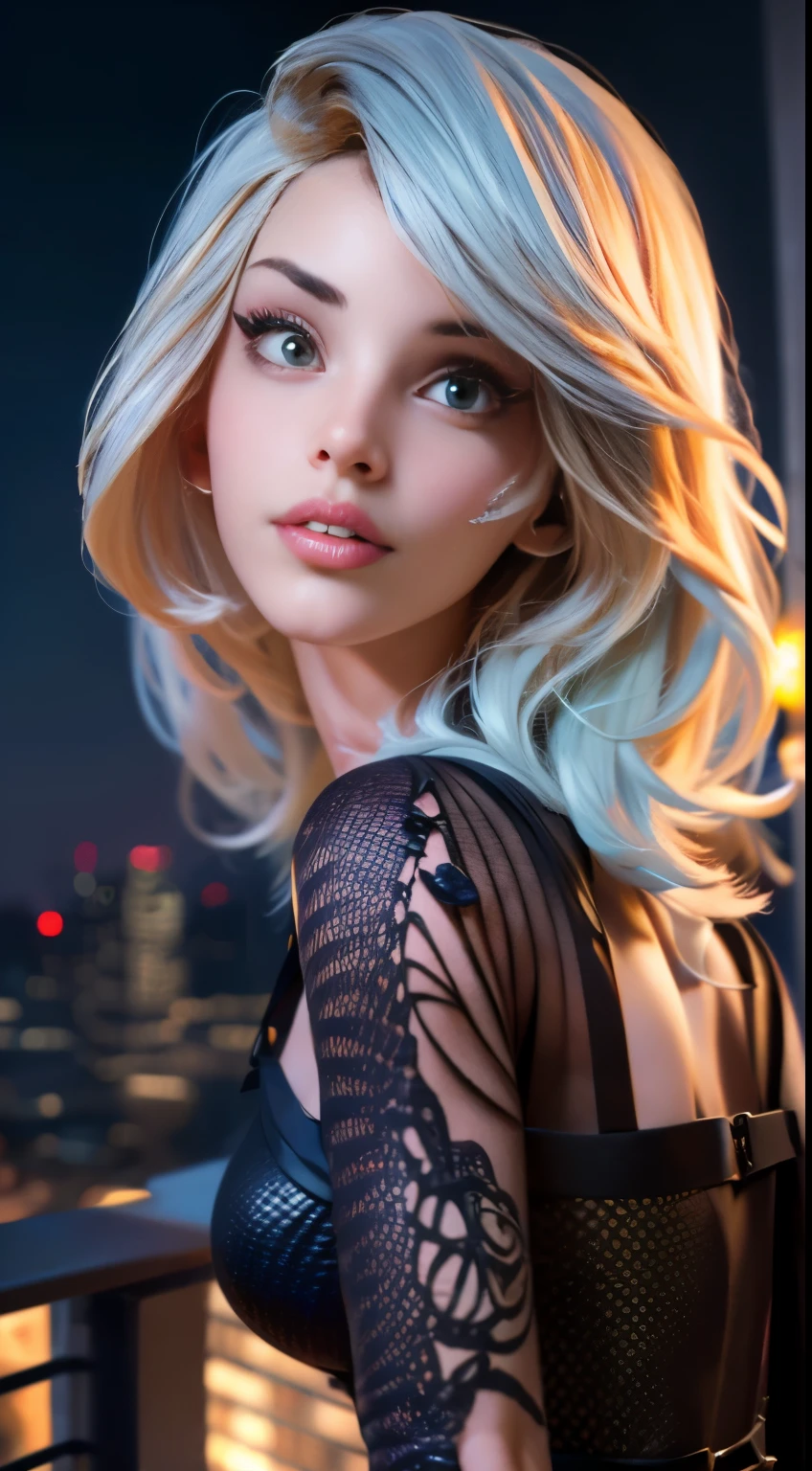 A woman with blonde hair and blue eyes posing on a balcony - SeaArt AI