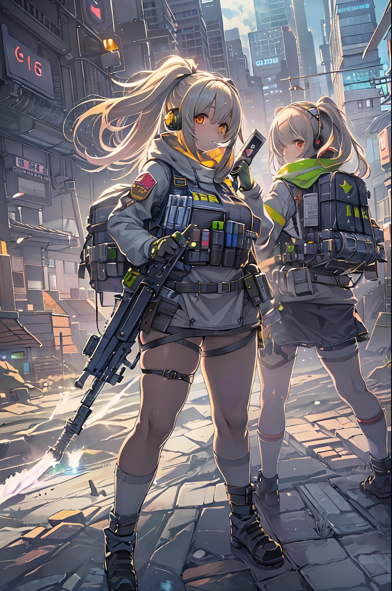 ((High quality)), ((masutepiece)), 8K, 2girls, bulletproof vest, llight rays, extremely detailed CG unity 8K wallpaper, Game CG, Looking at Viewer, gloves, long boots, Full body, Watch, a computer, drone, holding weapon, headphones, Jacket, (Background Destruction City , explosions , Smoke