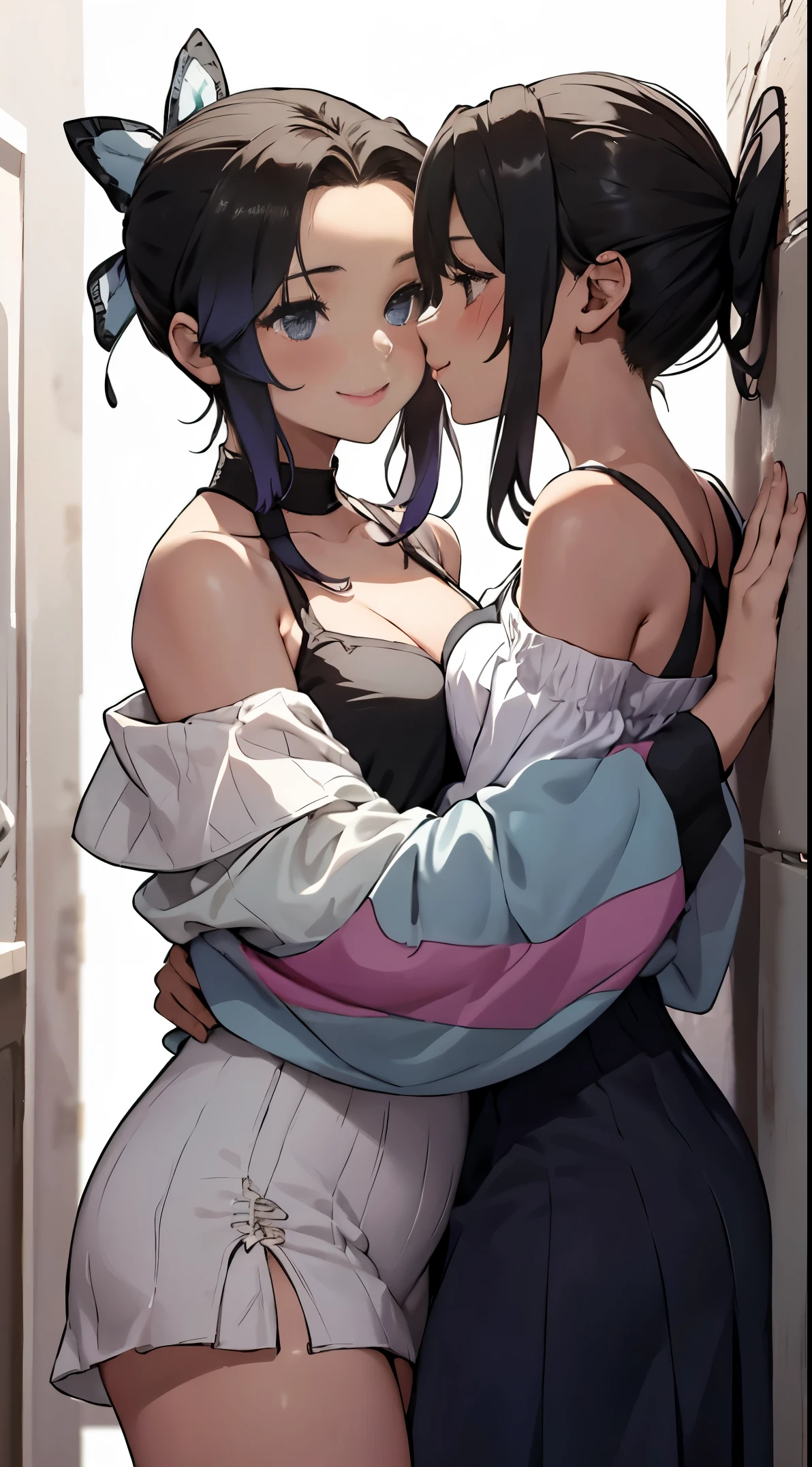 Two anime girls hugging each other in a hallway - SeaArt AI