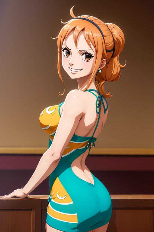 1 moca , nami onepiece de uma peça, sensual smile, short fitted dress, from the coast looking at the spectators, holding long orange hair, eyes browns, in this, Ass, fully body.