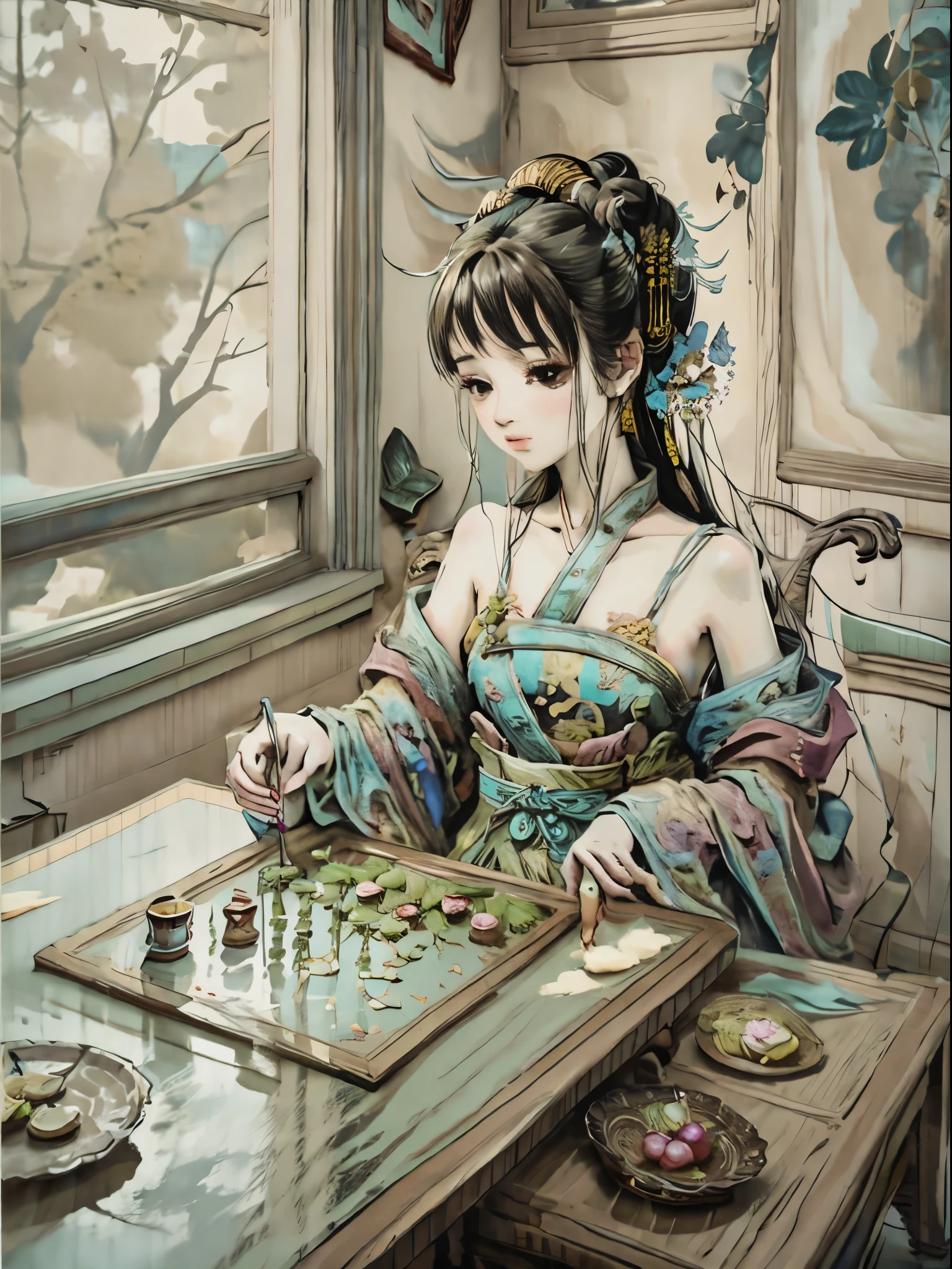 一幅全彩风景人物画的特写, 中国古代美女, 裸露肩膀, 朝代绘画, 作者：王律, su fu, 木盘, 作者：吕吉, 宋, 古代中国艺术风格, 中国画, 穿着长袍的人围坐在桌子旁, 作者：王晖, 作者 Yun Du-seo, 古中国画, traditional 中国画, 鲜艳的色彩, 高质量, 高对比度,绚丽的光影, (最好的质量), (日本人:0.5), (韩国人:0.8), (Liu Yi Fei:1.5), 蕾丝, 下中国象棋, 桌上的中国象棋, 桌子上的猫, 猫在看棋, 窗外的花, 空中的蝴蝶, 显示外阴,