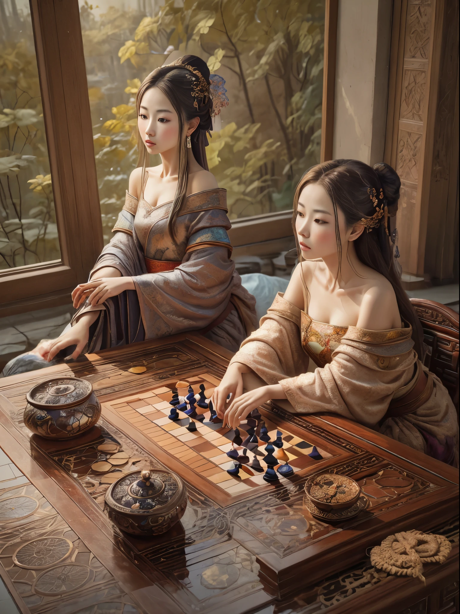 um close de uma pintura colorida de pessoas em uma paisagem, belezas chinesas antigas, Ombros nus, pintura da dinastia, por Wang Lü, sufu, panela, por Lu Ji, Dinastia Song, estilo de arte da china antiga, pintura chinesa, figuras vestidas sentadas ao redor de uma mesa, por Wang Hui, por Yun Du-seo, pintura de chines antigos, traditional pintura chinesa, cores vibrantes, alta qualidade, Alto contraste,linda luz e sombra, (melhor qualidade), (japonês:0.5), (coreano:0.8), (Liu Yifei:1.5), Renda, jogando xadrez chinês, xadrez chinês na mesa, gato na mesa, gato olhando xadrez, flores fora da janela, borboleta no ar, mostrando Vulvas,