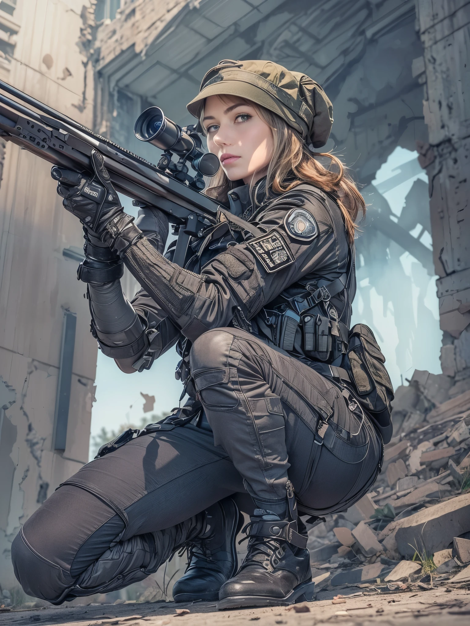 (1girl:1.4),A female police officer holds a sniper rifle,((Squatting:1. ...