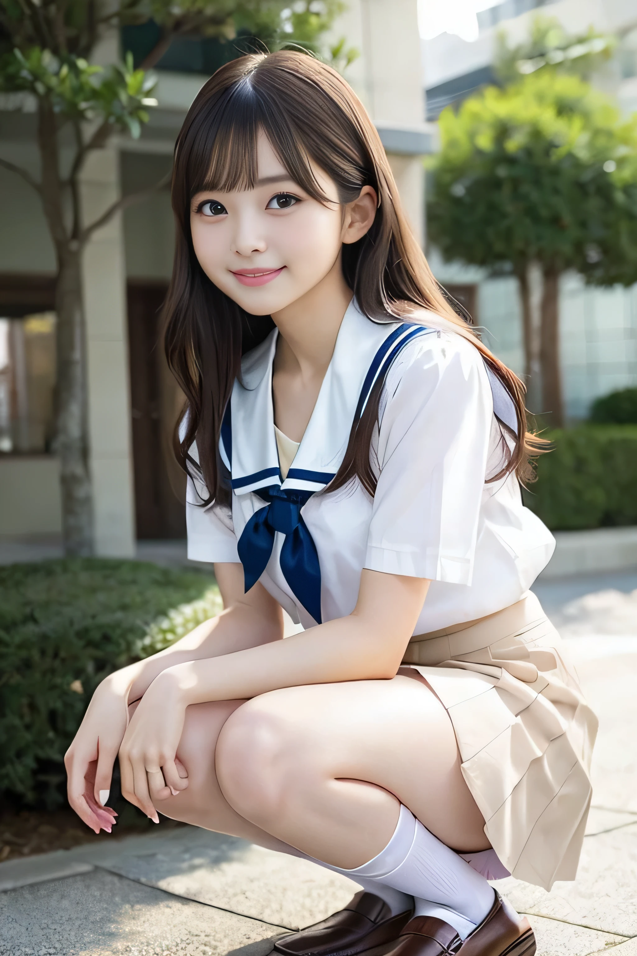 Arafed asian girl in a school uniform crouching down - SeaArt AI