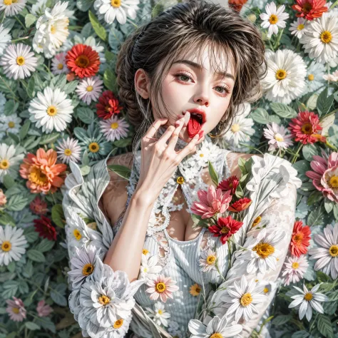 (tongue out, colorful flowers filled in studio gray background, White lace clothes, Glossy Red lips, best quality,ultra-detailed...