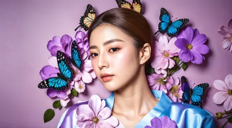 there was a woman，flowers and butterflies hanging around the neck, her face is a purple flower, beauty campaign, jingna zhang, j...