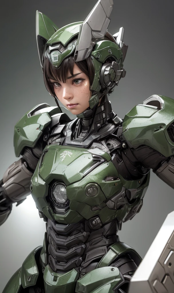 piel texturizada, Súper detalle, detalles altos, alta calidad, mejor calidad, alta resolución, 1080p, disco duro, Hermoso,(Maquina de guerra),hermosa mujer cyborg,Chica Cyborg Mecha Verde Oscuro,luchando,Chica con cuerpo de mecha,、Chicas de secundaria　pelo muy corto、Ojos marrones sudorosos、cara sudorosa、pecas rotas　expresión avergonzada　rubor　pequeño lindo　A dark-haired　((Vapor de la cabeza)) los anteojos　agachate　Abre tu entrepierna　Apertura de la pierna M　(timidez)