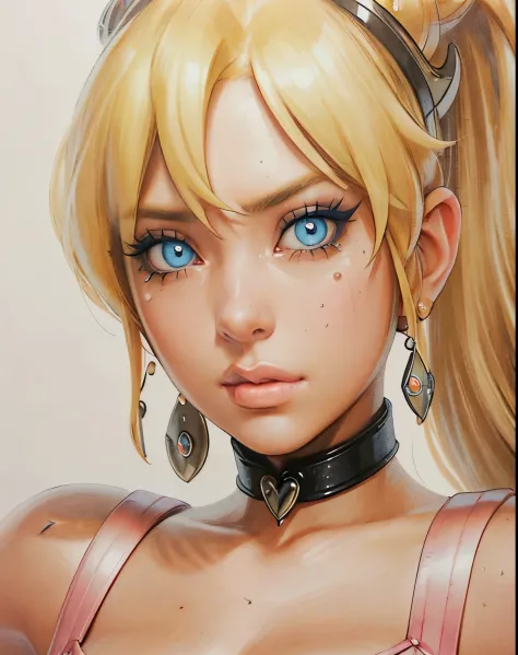 masterpiece, best quality, Princess Peach,(best shadow),1girl,blue eyes, blonde hair, tears, leather collar,steamy,looking at vi...