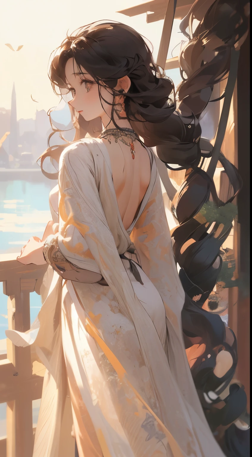 anime style, best possible quality, perfect design, masterpiece,
environment: porch of wooden house under lake, the house is supported by piles, wooden bridge from the shore of the large lake to the porch of the house,
part: beautiful nude brunette woman, curly brown hair, light brown eyes, dark brown skin, red lipstick on her mouth, perfect neck, beautiful firm, round, perfect nude breasts medium size, large nipples with large areola, pubic area with bare hair , beautiful legs, golden anklet,
action: she is sitting in a chair on the balcony, with her legs open, showing the naked region of her vagina and groin, a malicious look and smile, curled hair moving in a light breeze.
dusk, sun setting on the horizon of the long and extensive lake