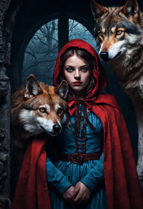 mesmerizing portrait of red riding hood and the wolf with eyes full of stories and a face untouched by time. behind them, the ey...