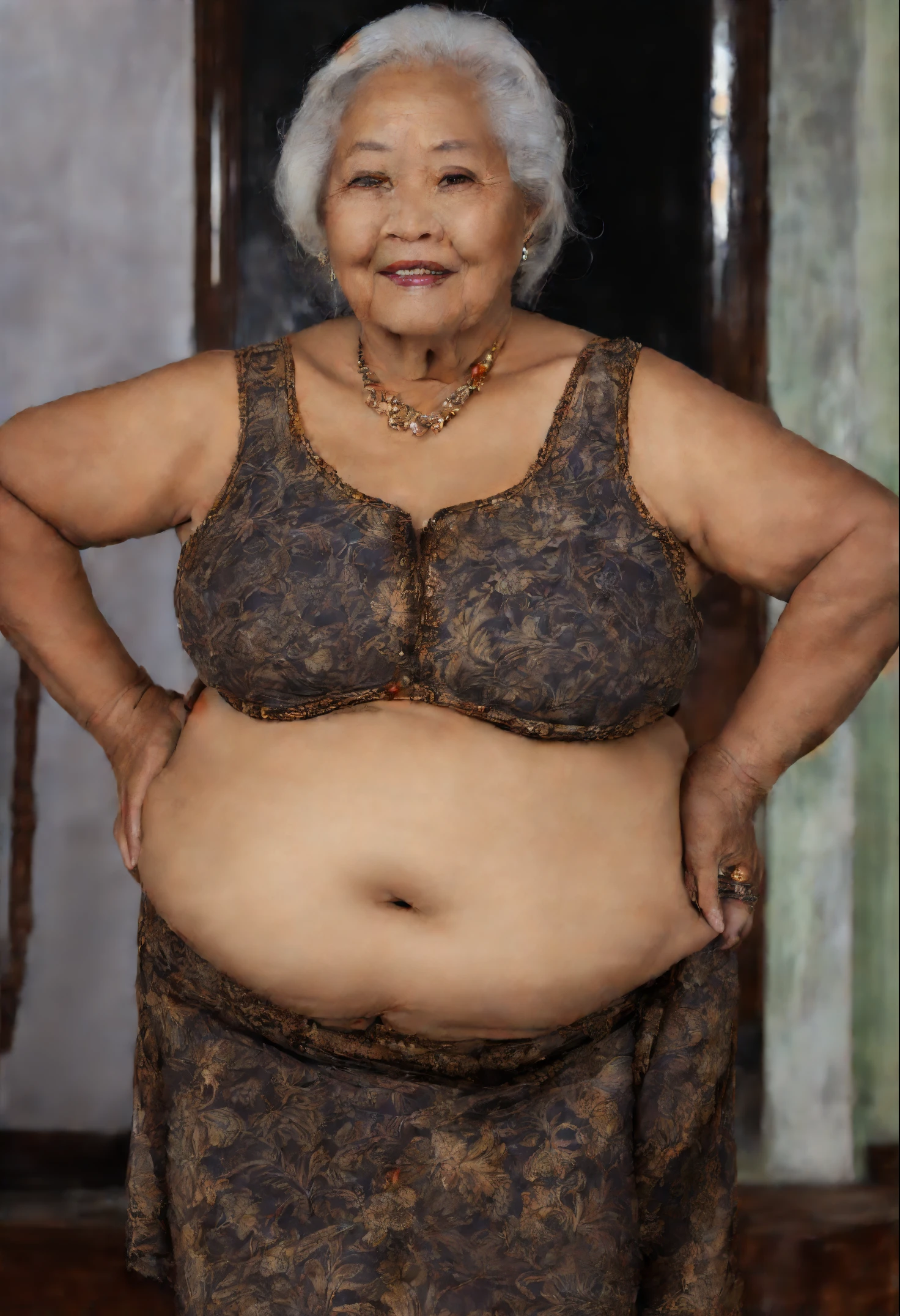 An older woman in a brown dress posing for a picture - SeaArt AI