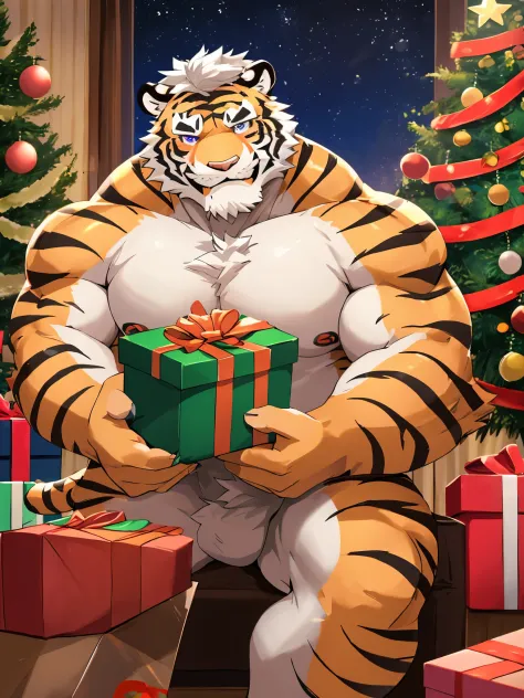 anthro ((tiger)), furry, tiger, golden fur, (white hair:1.5), beard, male, white eyebrows, violet eyes, masterpiece, (no stripes on face:1.5), ((Best quality)), character focus solo, handsome, middle-aged, mature, muscle body, sexy, dilf, full body, (((kos...
