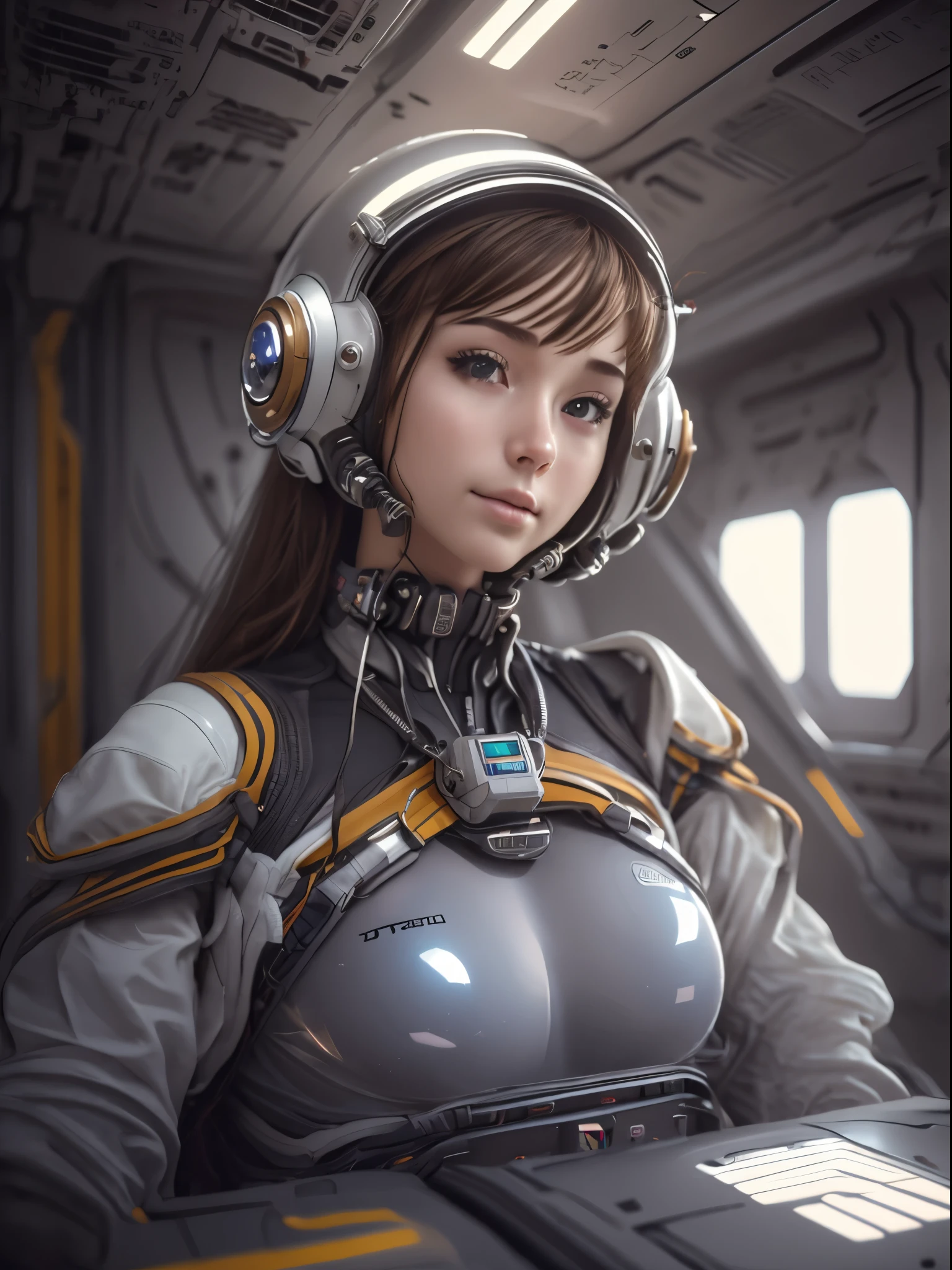 ​masterpiece、top-quality、The ultra -The high-definition、Top resolution、ighly detailed、profetional lighting、illustratio、(Futuristic spaceship interior interior)、(Inside the space station)、Space passenger aircraft seatustshot,One woman,(space helmet):1.8,(space suits:1.4),(Glossy Latex Silver Bodysuit):1.3,(deadpan:1.5),(real  face):1.5,(very long hair):1.2,(dark hair), Shining hair ornament, head phone,space suits,Colossal 、(A slight smil:1.0)、pretty skin、Japanese girl, big breasts,