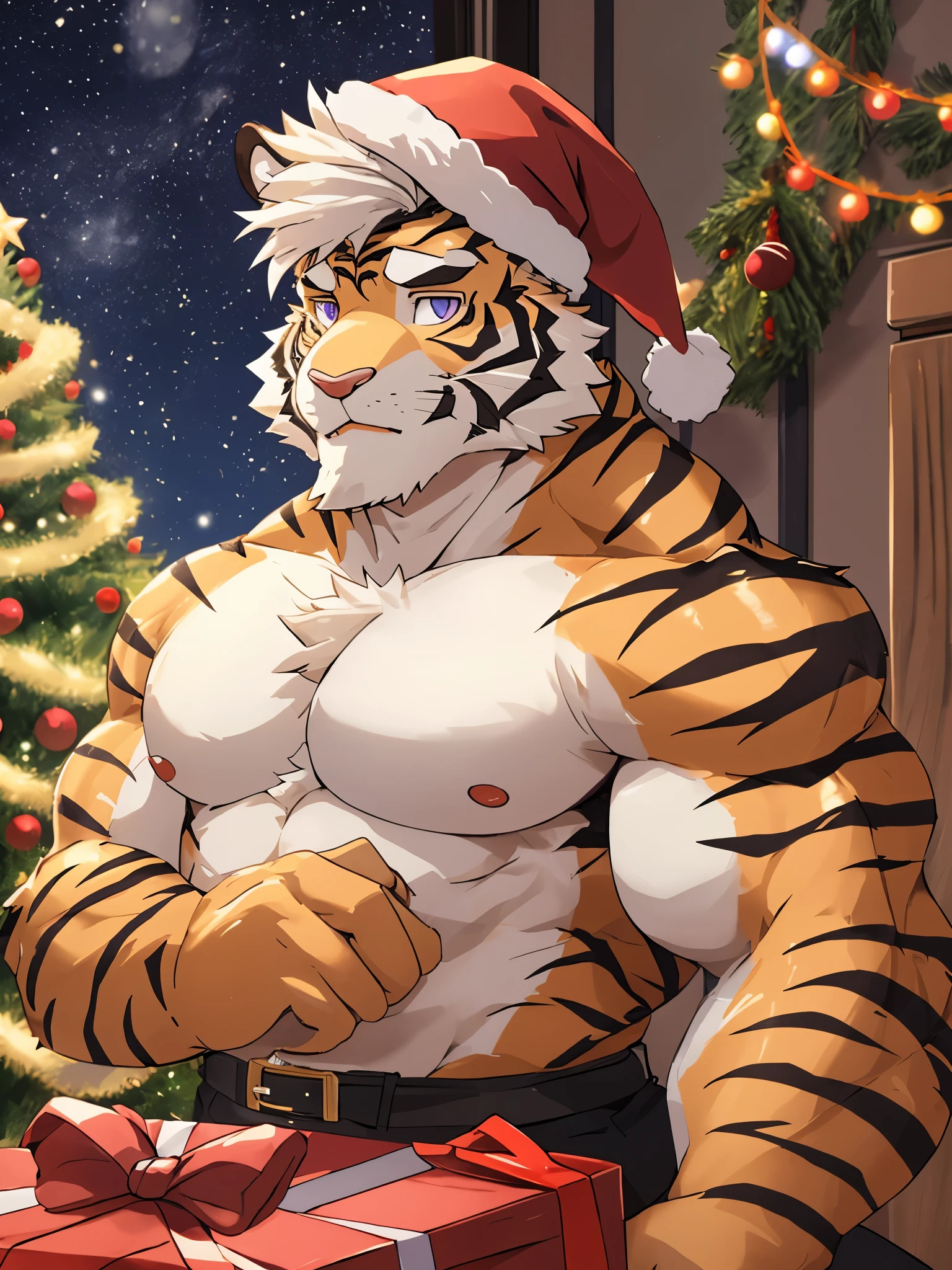 anthro ((tiger)), furry, tiger, golden fur, (white hair:1.5), beard, male, white eyebrows, violet eyes, masterpiece, (no stripes on face:1.5), ((Best quality)), character focus solo, handsome, middle-aged, mature, muscle body, sexy, dilf, full body, (((kosutora))), ((naked body)), ((muscle)), ((chubby)), ((erection upward)), ((sperms on body)), wrap by red ribbons, inside a giant gift box, shy, embarassed, ((christmas gift)), under the christmas tree,
