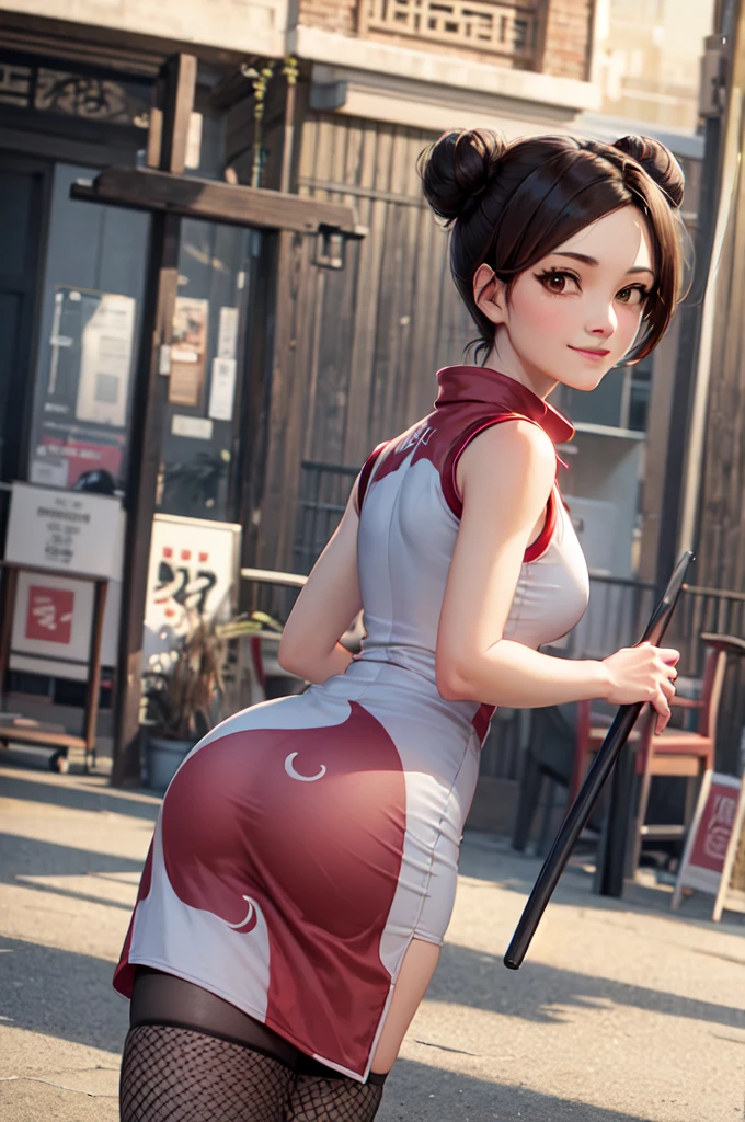 (masterpiece, best quality:1.2), cowboy shot, solo, 1girl, tenten, smile, closed mouth, looking at viewer, brown hair, double bun, chinese clothes, china dress, sleeveless, fishnets, fishnet thighhighs