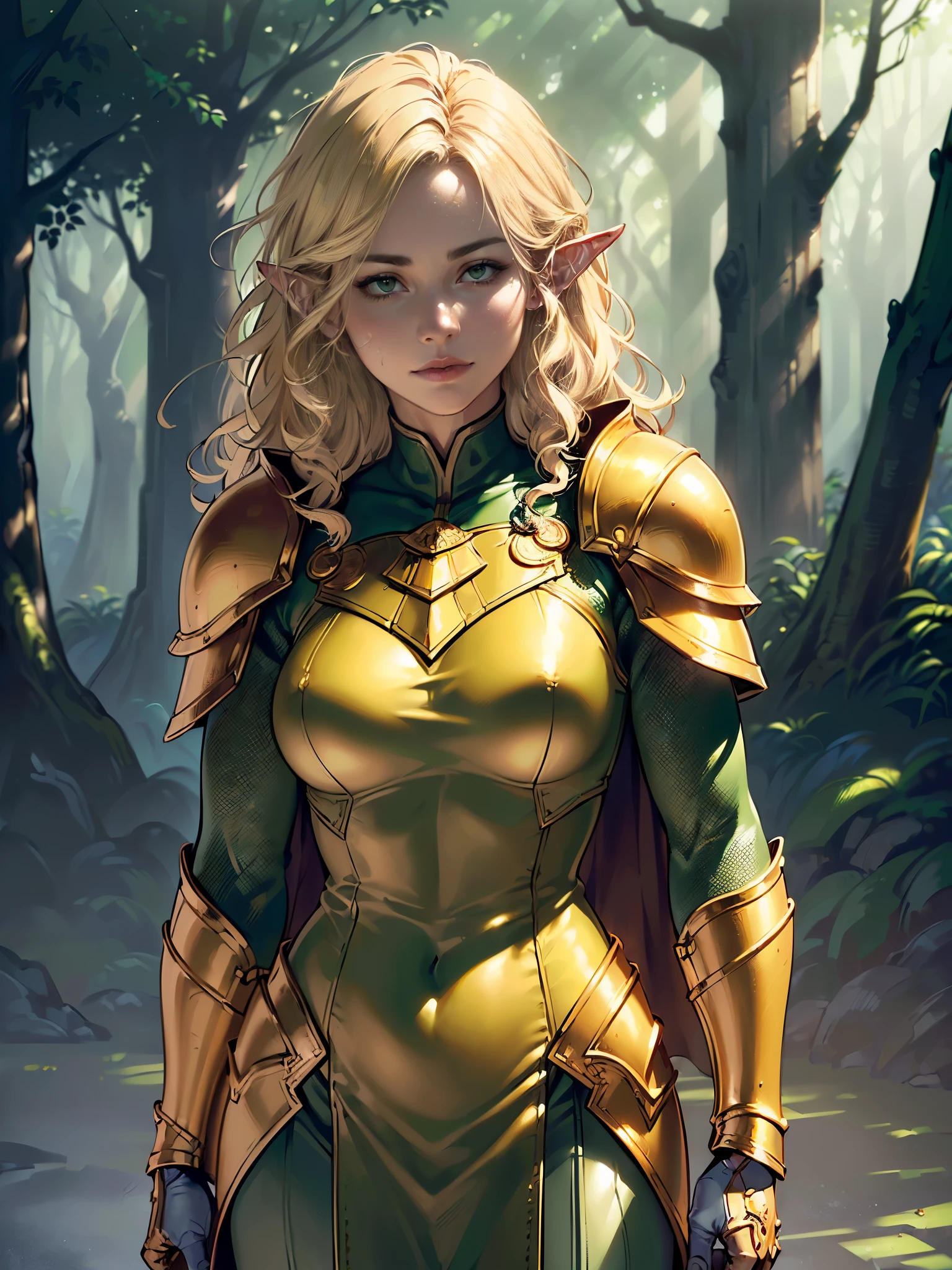 ((Quality: masterpiece, best quality, UHD, anatomically correct, photo realism, textured and detailed skin, skin pores, skin imperfections, textured and detailed hair, dramatic lighting, high contrasting light and shadows, complimentary colours)), inspired by the natural rain forest, elven archer fantasy warrior, flowing cape, detailed chrome armor, ((green, yellow, gold))