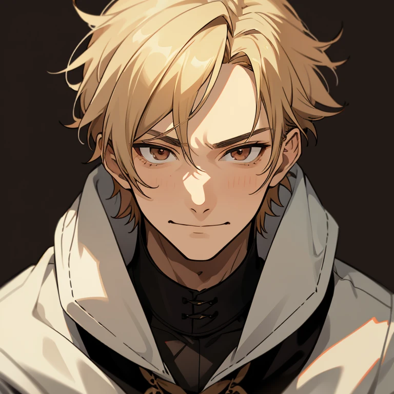 1 boy, blond hair, brown eyes, black noble cloth, calm face, handsome male guy, masculine, old boy, grown man, 28 years old, bored face, man, big male, villain, psychopath smile, short hair, missy hair