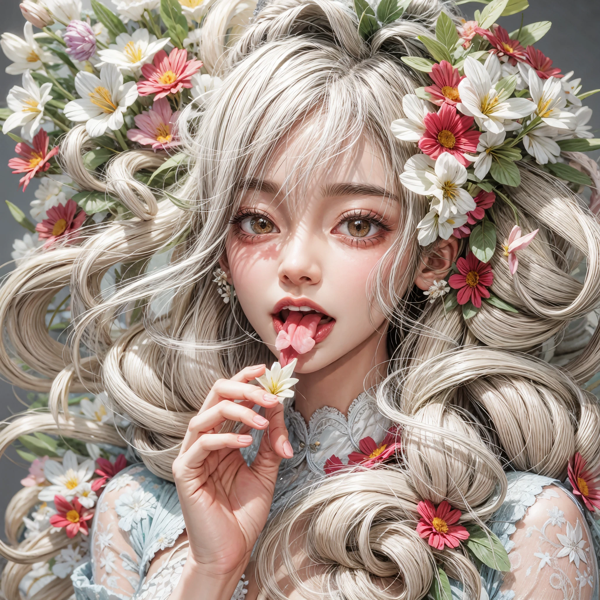 (tongue out, colorful flowers filled in studio gray background, White lace clothes, Glossy Red lips, best quality,ultra-detailed,physically-based rendering:1.2), realistic,portrait, A beautiful young woman with mesmerizing eyes,delicate facial features . ((tongue playfully licking, close-up shot of sensual lips)),subtle blush on cheeks,sensual and sophisticated, alluring gaze. full of flowers covering girl's body, (extra fingers:-0.9, not Detailed finger:-0.9),glistening ivory skin, Overflowing , Gigantic Cleavage, ((nipple:-0.9)) . Whole Body proportions and all limbs are anatomically accurate .