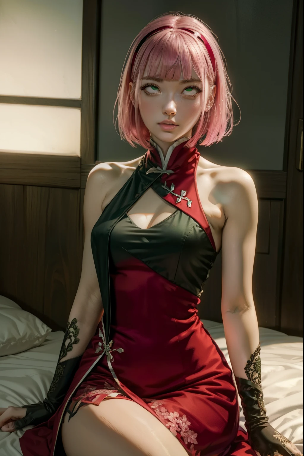 Sakura Haruno, Sakura Haruno, cheveux courts, frange, (yeux verts:1.5), cheveux roses, bandeau pour cheveux, marque faciale, (marque sur le front:1.2), red bandeau pour cheveux, (swept frange:1.5), (petite poitrine:1.2),
BREAK vêtements chinois, robe, (red robe:1.2), jupe courte, shorts noirs, gants, black gants, Sans manches, open robe, seins nus BREAK regardant le spectateur, (Ahegao:1.5), (Yeux roulants:1.5)
PAUSE à l&#39;intérieur, lit, jambes écartées PAUSE (chef-d&#39;œuvre:1.2), meilleure qualité, Haute résolution, unité 8k fond d&#39;écran, (illustration:0.8), (beaux yeux détaillés:1.6), visage extrêmement détaillé, éclairage parfait, CG extrêmement détaillé, (des mains parfaites, anatomie parfaite),