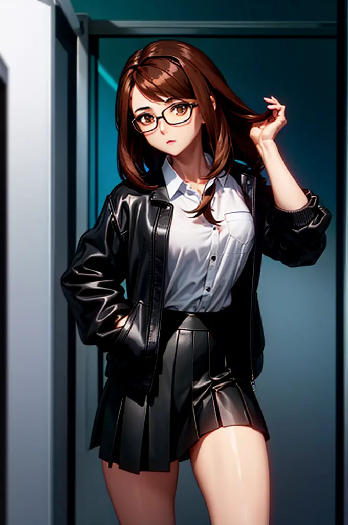 1girl, medium-length brown hair, brown eyes, glasses, open forehead, office outfit, black jacket, white shirt, black skirt