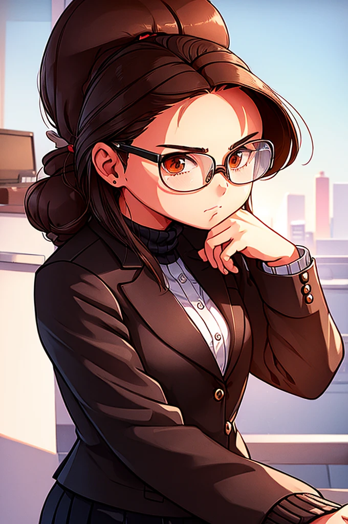 1人の女の子, 中くらいの長さの茶色の髪, 茶色の目, 眼鏡, 開いた額, オフィスの服装, 黒いジャケット, 白のシャツ, 黒いスカート