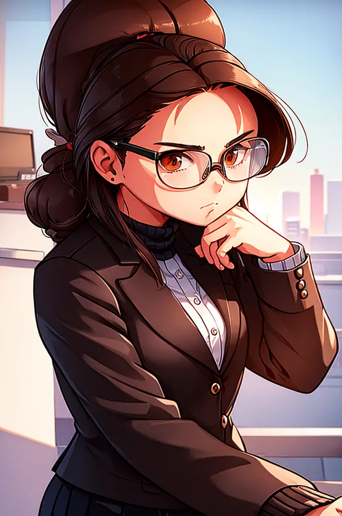 1girl, medium-length brown hair, brown eyes, glasses, open forehead, office outfit, black jacket, white shirt, black skirt