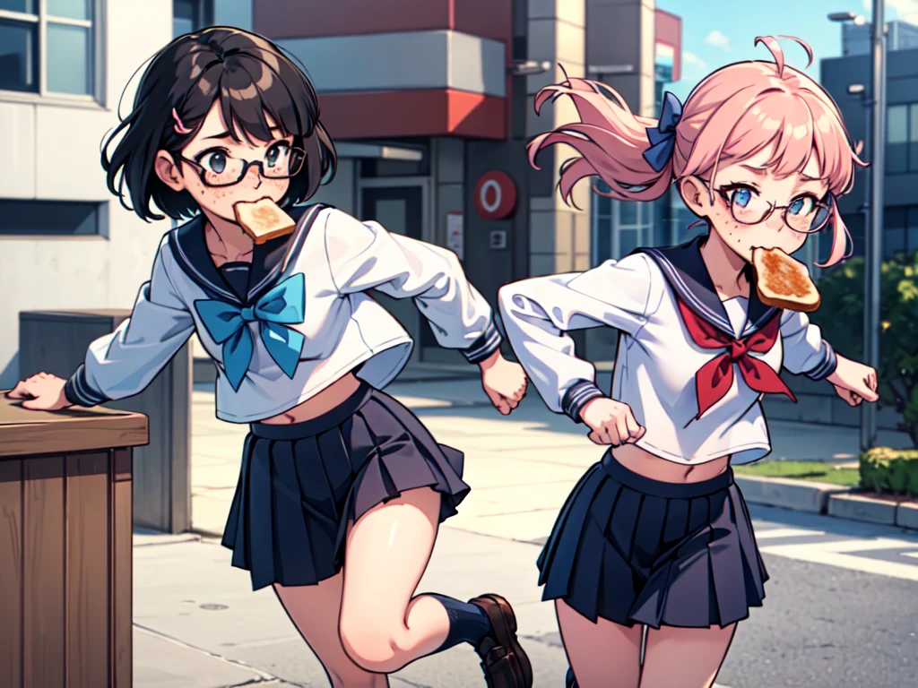 masterpiece, best quality, serafuku, blue bow, pleated skirt, blue socks, loafers, city street, running, toast in mouth, pervert, , blushing, glasses, desktop wallpaper, highly detailed, freckles, small hips, androgynous, otoko no ko