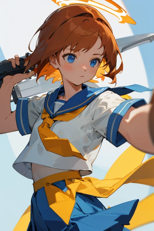 Detailed details，Halo，Blue eyes，short orange brown hair，a sailor suit，Yellow tie，Armed，Light blue skirt