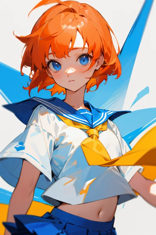 Detailed details，background whites，Blue eyes，short orange hair，a sailor suit，Yellow tie，Blue skirt,