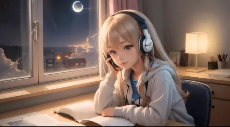 an anime girl wearing headphones while studying her room near the big window viewing stars and the moon. The room lighting is wa...