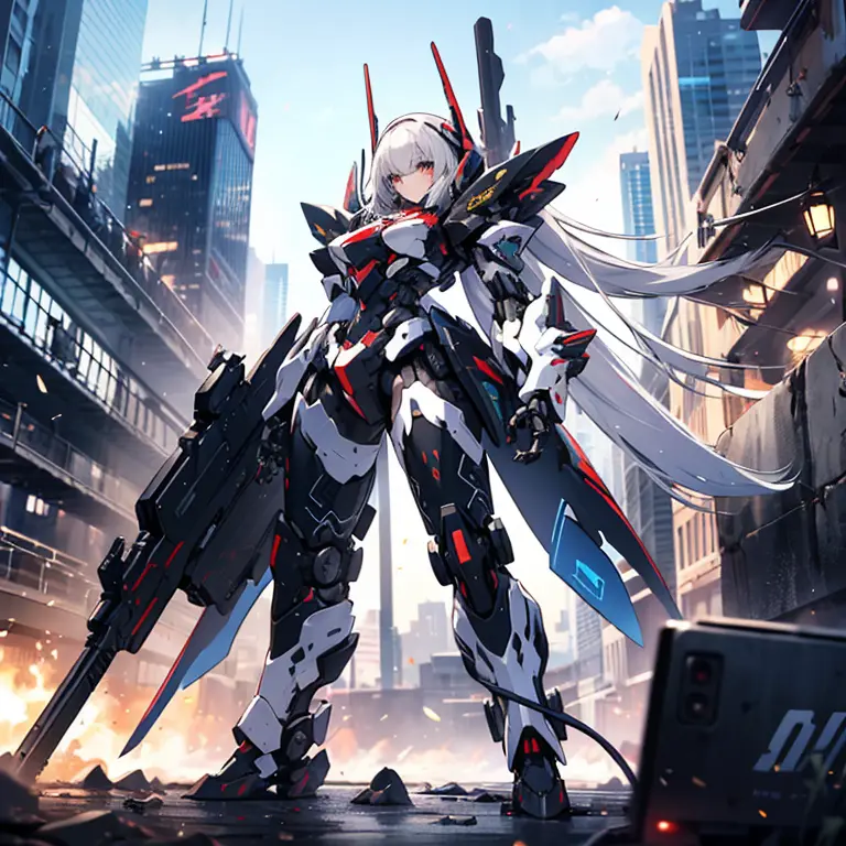 a girl in cool design mecha armor holding weapon in fighting at the sky of cyber city, huge cool weapon machine, mecha, mechanis...