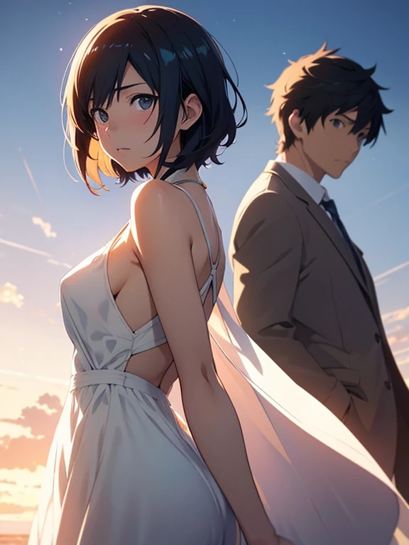 High resolution 8K, NSFW, Bright light illumination, Man and woman are looking at the sky with their backs turned, Business suits, anime characters in a scene with a sky background, your name movie style, Stills in TV anime, yourname, fiona staples and makoto shinkai, makoto shinkai and bioware, guweiz and makoto shinkai, anime still image, Sakimi and Makoto Shinkai, Animated film stills, anime movie screenshot, (Natural skin texture Vibrant details, hyper realistic)