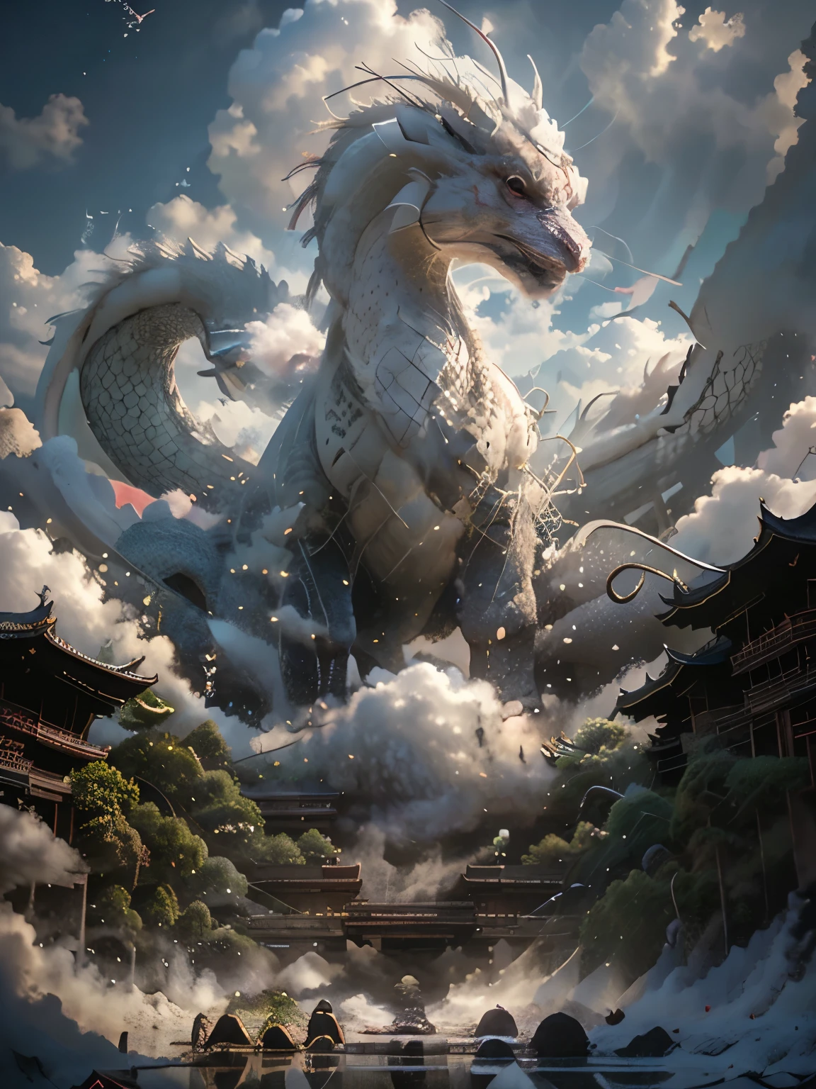 BJ_Sacred_beast,red_eyes,outdoors,horns,sky,cloud,no_humans,bird,cloudy_sky,scenery,stairs,fantasy,dragon,architecture,east_asian_architecture,eastern_dragon,cinematic lighting,strong contrast,high level of detail,Best quality,masterpiece,