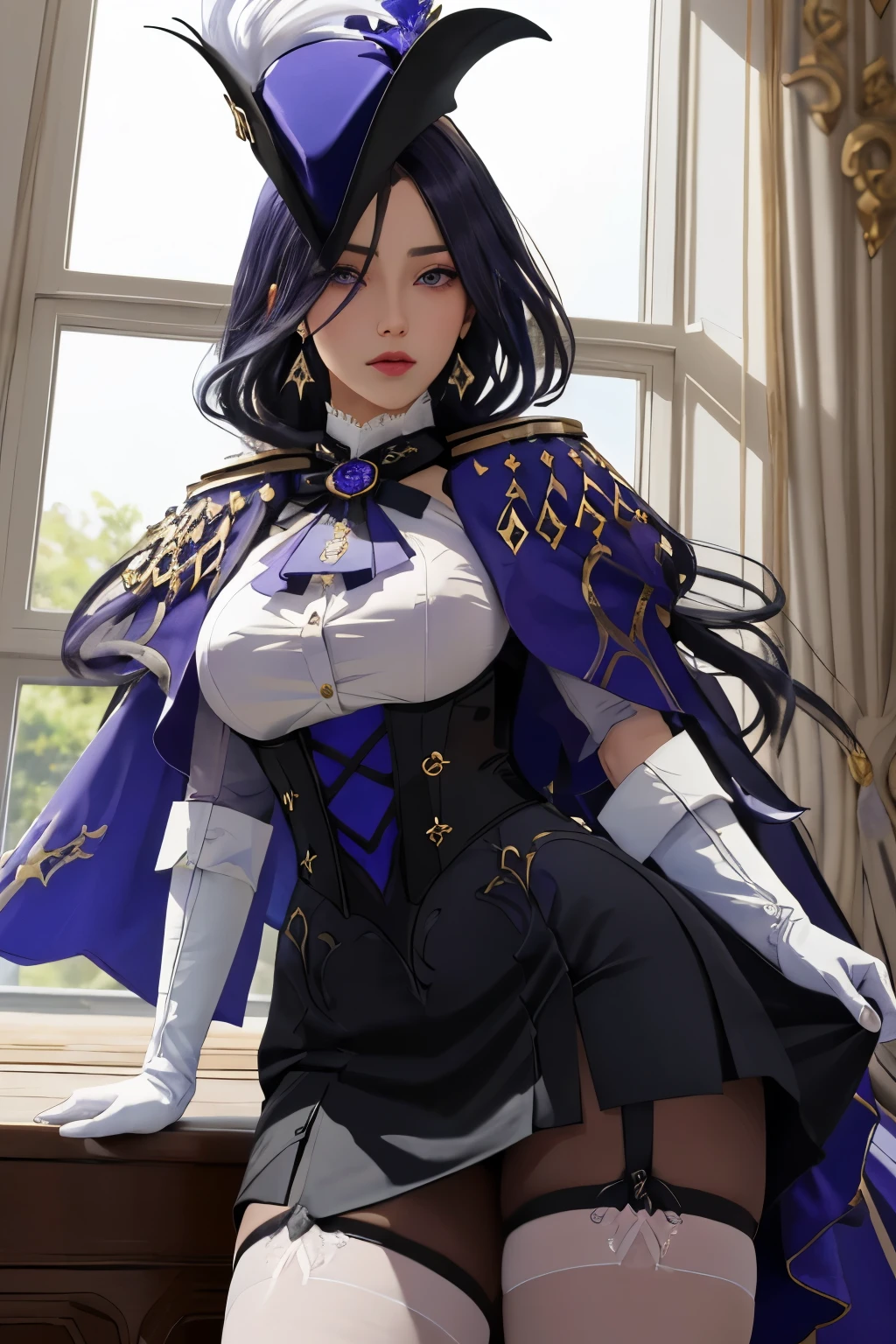 masterpiece, best quality, highly detailed, 1girl, solo, giclorinde, purple eyes, large breasts, hair between eyes, long hair, dark blue hair, earrings, black skirt, miniskirt, pantyhose, purple ascot, purple capelet, black corset, black pantyhose, black skirt, white gloves, hat, tricorne,