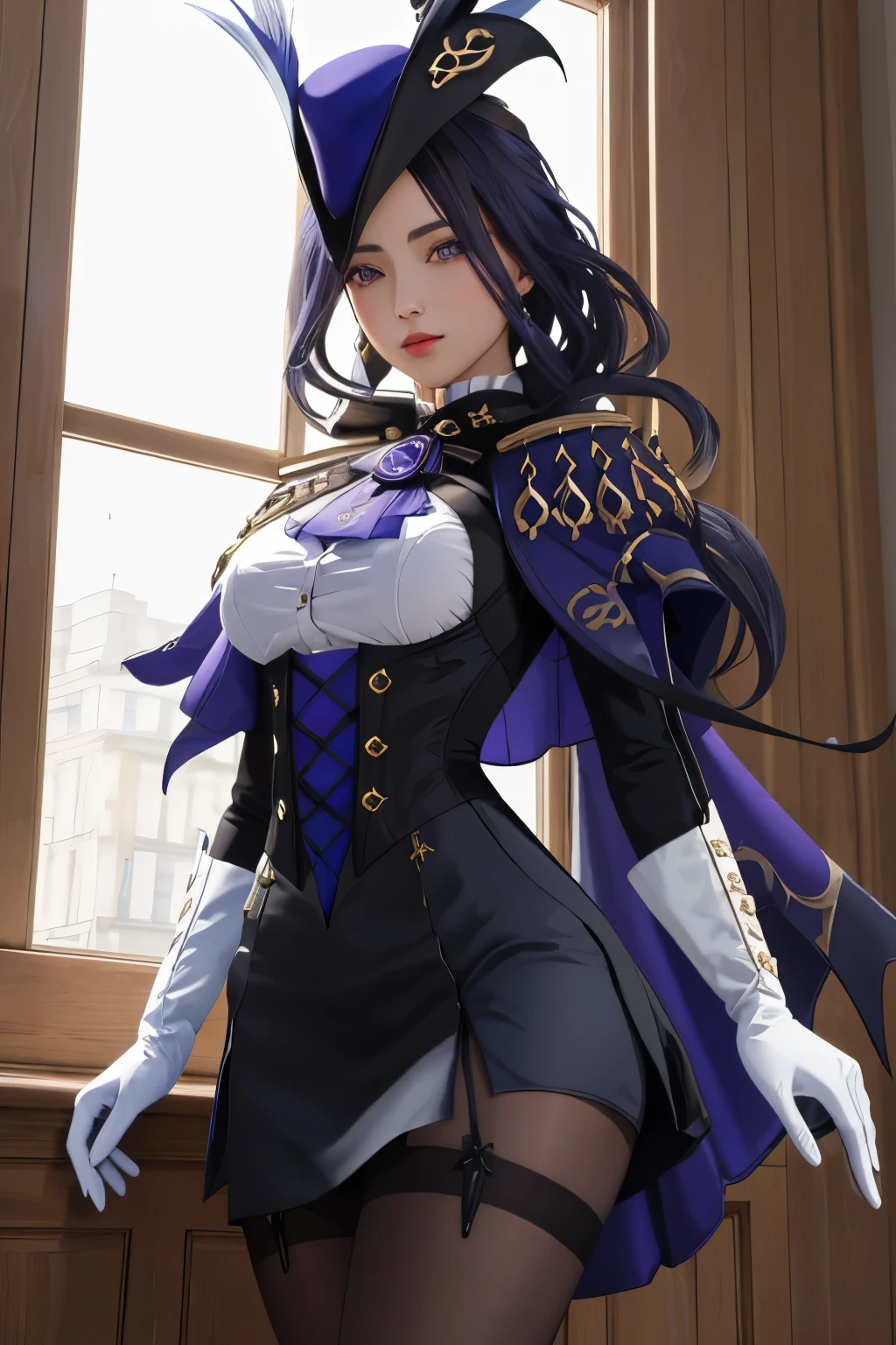 masterpiece, best quality, highly detailed, 1girl, solo, giclorinde, purple eyes, large breasts, hair between eyes, long hair, dark blue hair, earrings, black skirt, miniskirt, pantyhose, purple ascot, purple capelet, black corset, black pantyhose, black skirt, white gloves, hat, tricorne,