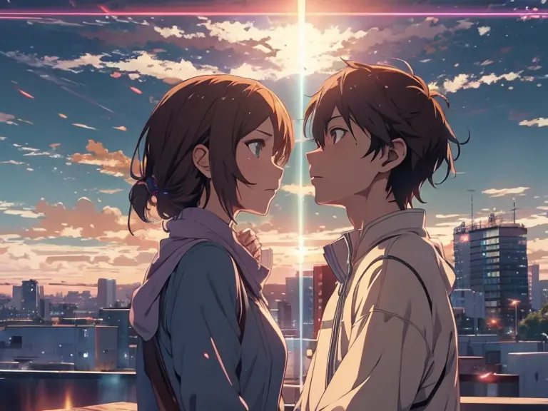igh resolution 8K, NSFW, Bright light illumination, Man and woman are looking at the sky with their backs turned, anime characte...