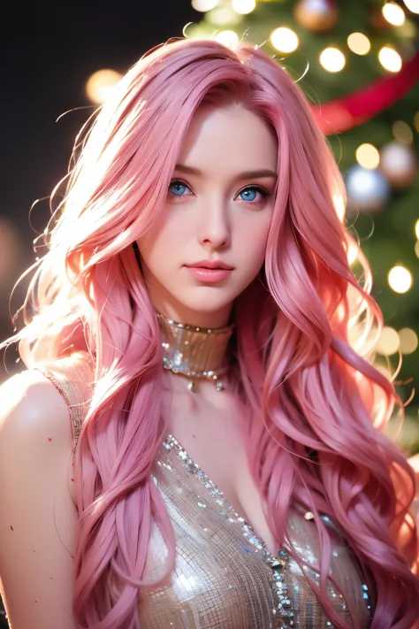 Woman, long curly hair, pink hair, blue eyes, near a Christmas tree, Christmas tree,