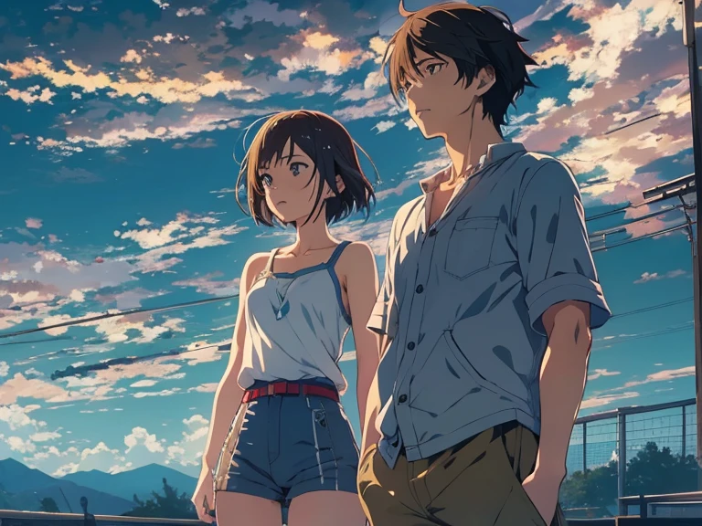 High resolution 8K, NSFW, Bright light illumination, Man and woman are looking at the sky with their backs turned, anime characters in a scene with a sky background, your name movie style, Stills in TV anime, yourname, woman with black short bob hair, makoto shinkai and bioware, guweiz and makoto shinkai, anime still image, Sakimi and Makoto Shinkai, Animated film stills, anime movie screenshot, (Natural skin texture Vibrant details, hyper realistic)