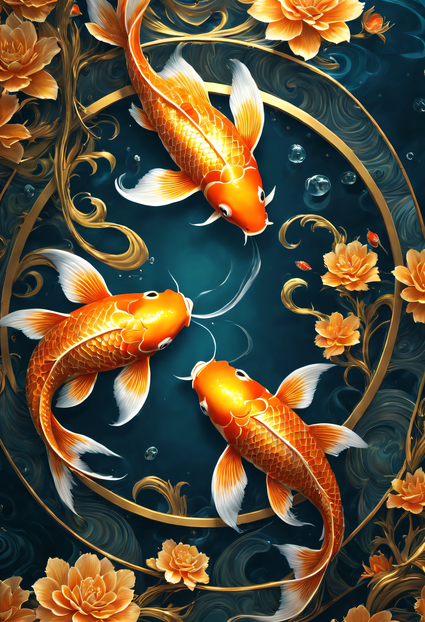 ((Best quality at best)), ((tmasterpiece)), ((k hd)), ((A high resolution)), ((Perfect artwork)),There are only two identical koi fish in a circle,3d effect, (atmosphere:  a gorgeous, splendor, mysterious background: The halo, Holy, kinakoen dragons), (the detail, closeup cleavage, kinako)