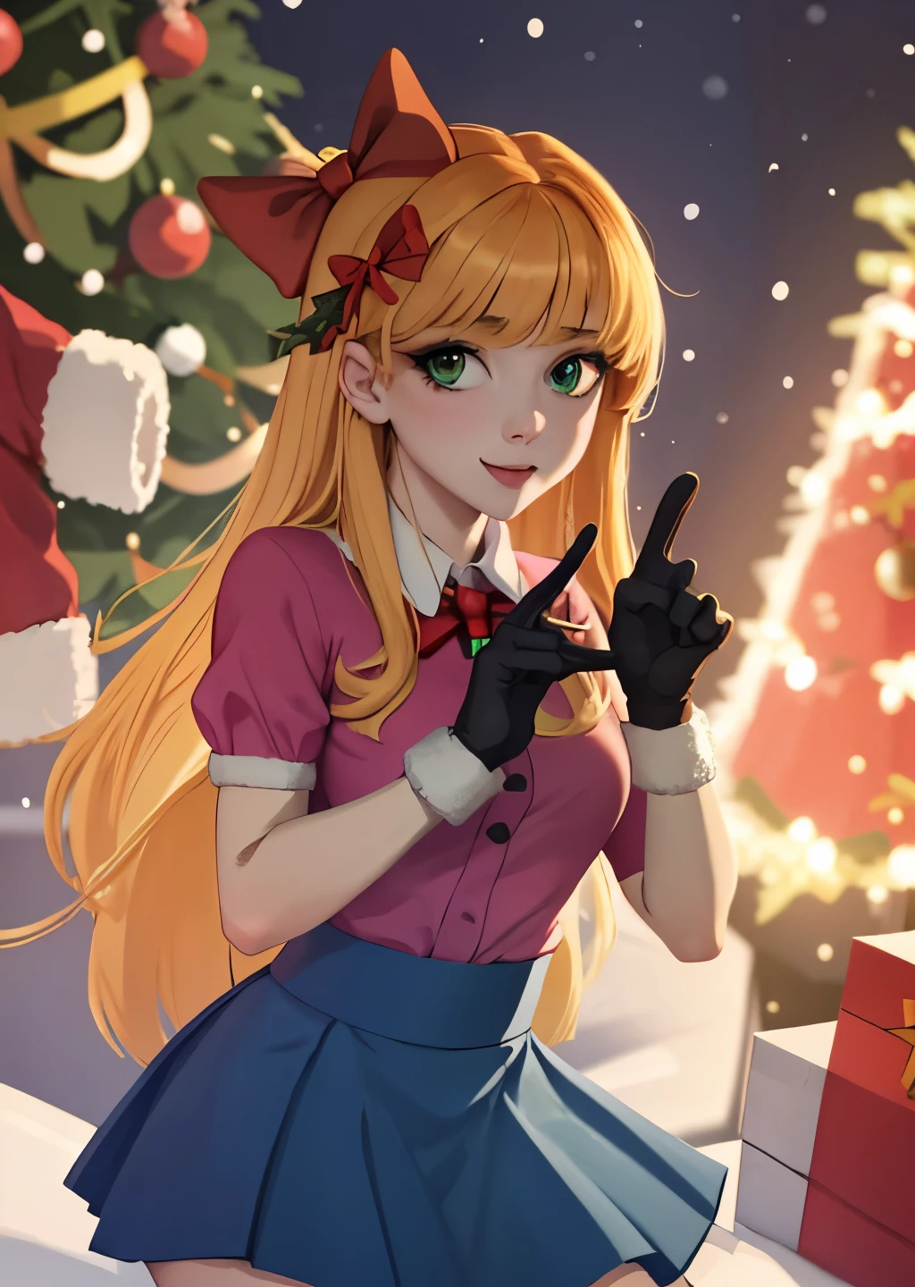 Elizabeth , Sozinho, Elizabeth, arco adolescente, Camisa de natal, Saia de natal, luvas de cotovelo, céu azul, neve, árvore de Natal, luzes, obra de arte, melhor qualidade, Sinal V, seios médios, olhos verdes