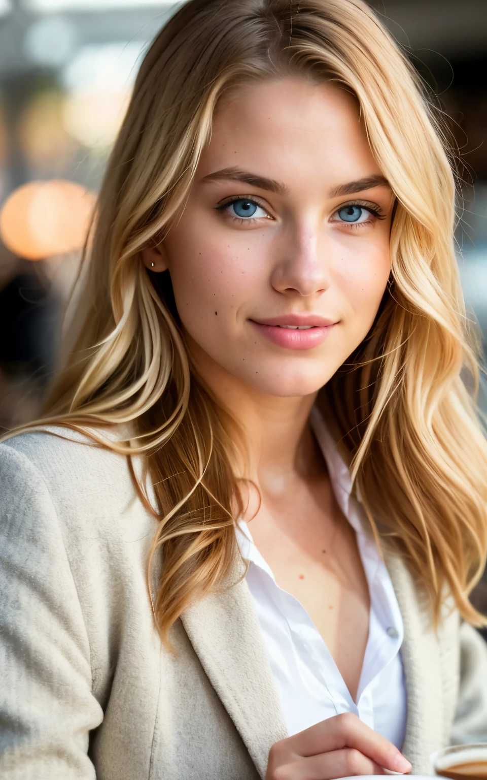 beautiful blonde wearing cream blazer (sipping coffee inside a modern café at sunset), very detailed, 21 years old, innocent face, natural wavy hair, blue eyes, high resolution, masterpiece, best quality, intricate details, highly detailed, sharp focus, detailed skin, realistic skin texture, texture, detailed eyes, professional, 4k, charming smile, shot on Canon, 85mm, shallow depth of field, kodak vision color, perfect fit body, extremely detailed, foto_\(ultra\), photorealistic, realistic, post-processing, maximum detail, roughness, real life, ultra realistic, photorealism, photography, 8k uhd, photography